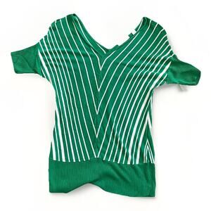 New York & Company Womens MEDIUM Green Stripe V Neck Knit Short Sleeve Top Mod
